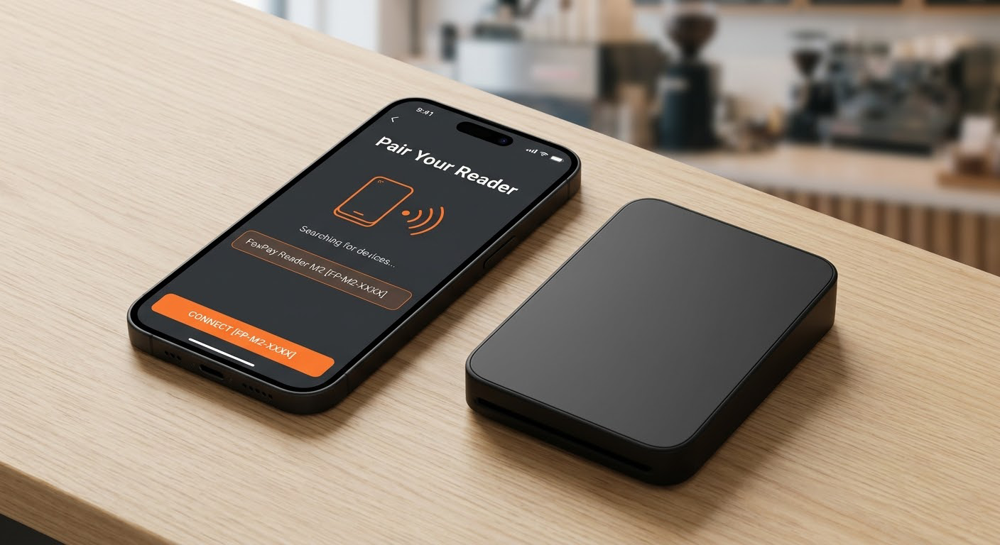 FoxPay mobile reader pairing with the app for roaming staff checkout