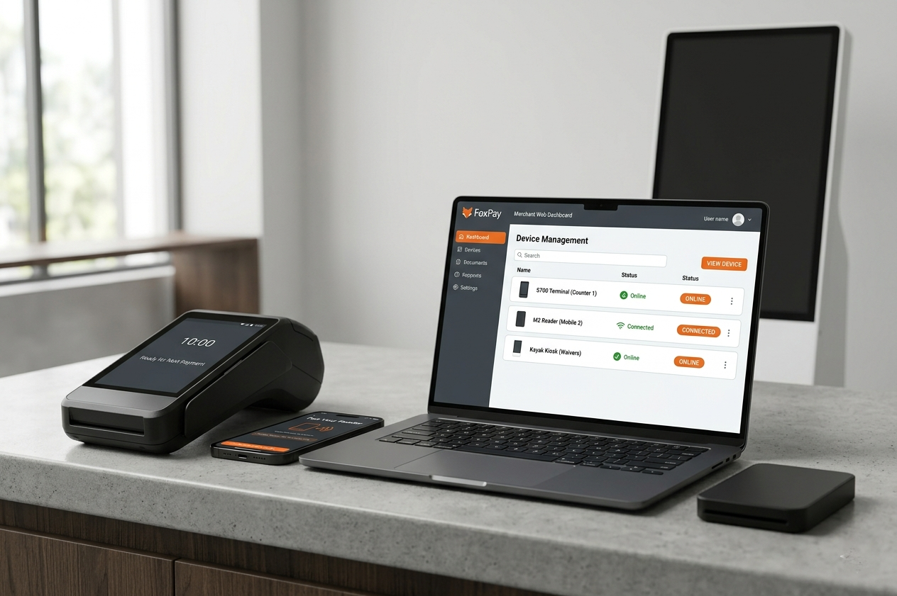 FoxPay laptop dashboard with connected payment devices representing the full platform ecosystem