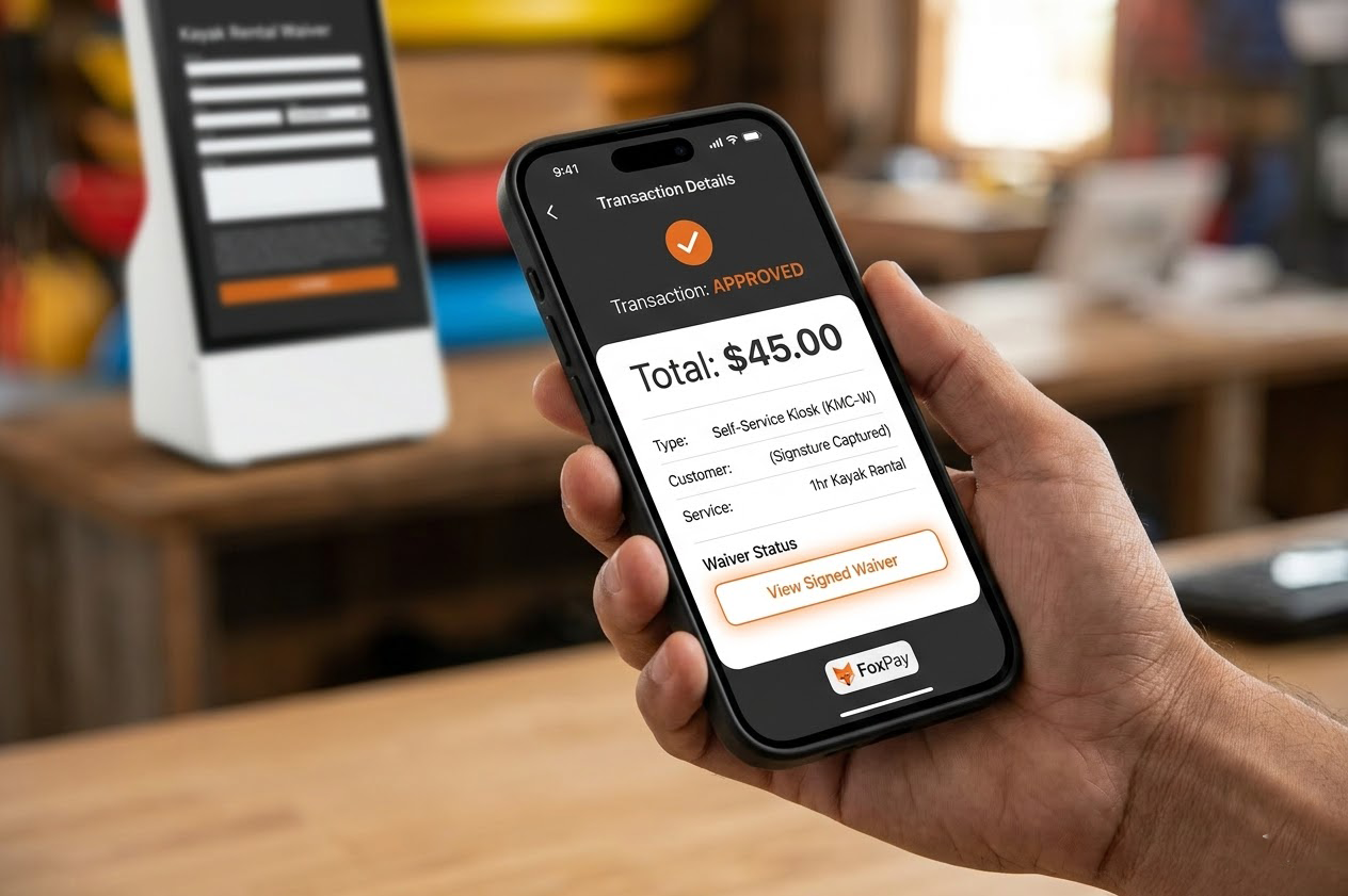 FoxPay transaction approval screen showing payment details inside a connected service workflow