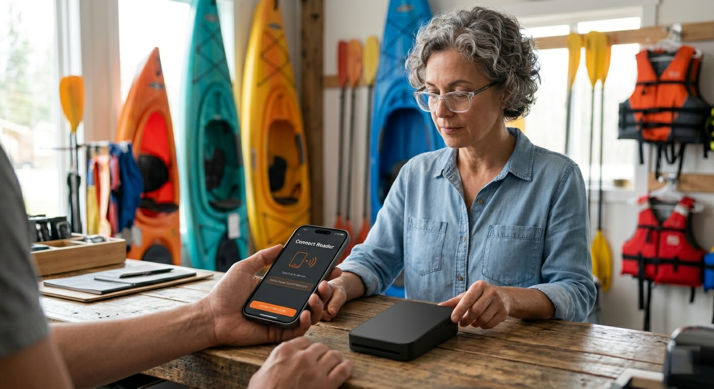 FoxPay mobile reader setup inside a kayak rental service environment