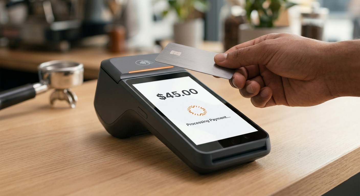 FoxPay POS terminal processing a tap-to-pay transaction at a counter